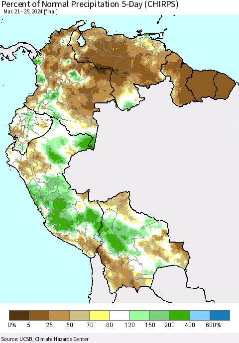 Northern South America Percent of Normal Precipitation 5-Day (CHIRPS) Thematic Map For 3/21/2024 - 3/25/2024