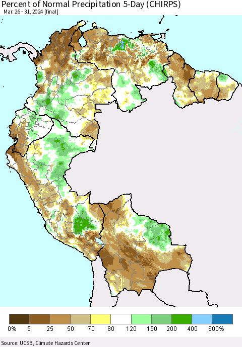 Northern South America Percent of Normal Precipitation 5-Day (CHIRPS) Thematic Map For 3/26/2024 - 3/31/2024