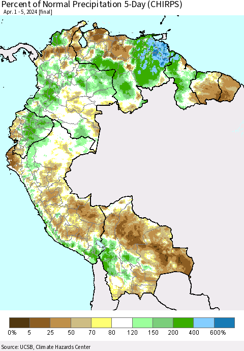 Northern South America Percent of Normal Precipitation 5-Day (CHIRPS) Thematic Map For 4/1/2024 - 4/5/2024