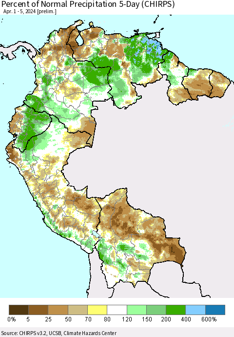 Northern South America Percent of Normal Precipitation 5-Day (CHIRPS) Thematic Map For 4/1/2024 - 4/5/2024