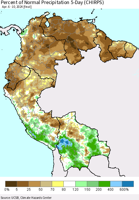 Northern South America Percent of Normal Precipitation 5-Day (CHIRPS) Thematic Map For 4/6/2024 - 4/10/2024