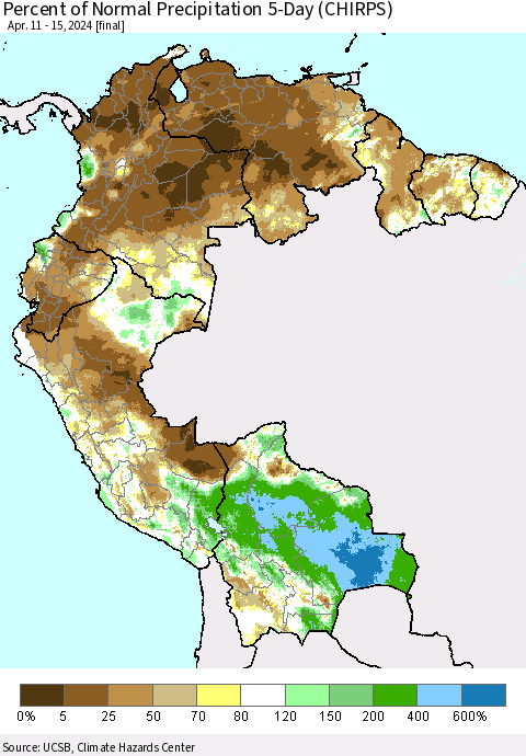 Northern South America Percent of Normal Precipitation 5-Day (CHIRPS) Thematic Map For 4/11/2024 - 4/15/2024