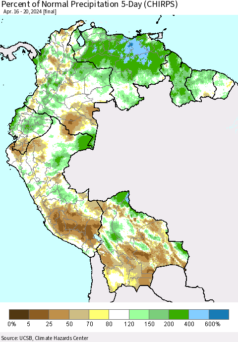 Northern South America Percent of Normal Precipitation 5-Day (CHIRPS) Thematic Map For 4/16/2024 - 4/20/2024