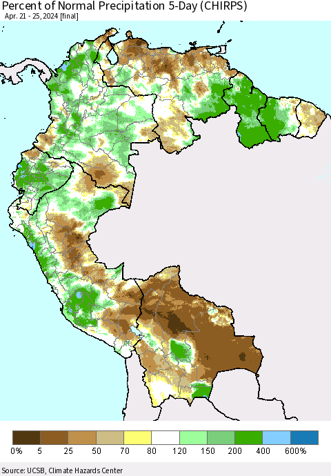 Northern South America Percent of Normal Precipitation 5-Day (CHIRPS) Thematic Map For 4/21/2024 - 4/25/2024