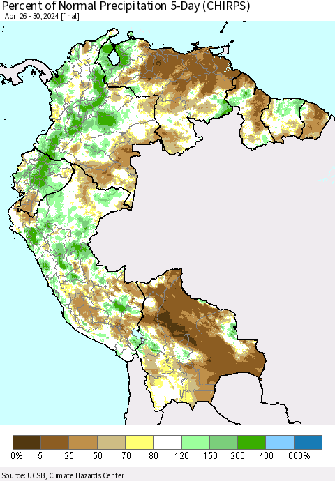 Northern South America Percent of Normal Precipitation 5-Day (CHIRPS) Thematic Map For 4/26/2024 - 4/30/2024