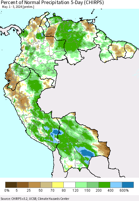 Northern South America Percent of Normal Precipitation 5-Day (CHIRPS) Thematic Map For 5/1/2024 - 5/5/2024