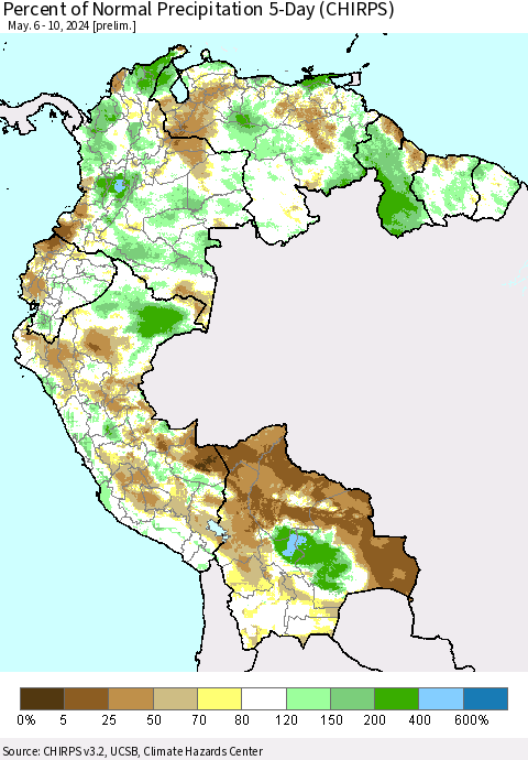 Northern South America Percent of Normal Precipitation 5-Day (CHIRPS) Thematic Map For 5/6/2024 - 5/10/2024