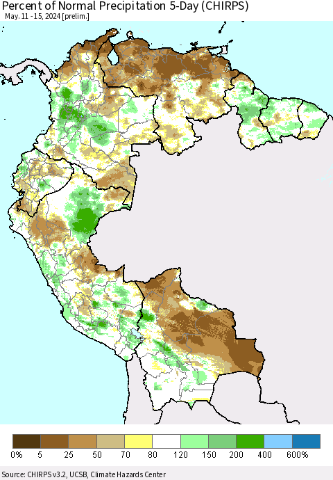 Northern South America Percent of Normal Precipitation 5-Day (CHIRPS) Thematic Map For 5/11/2024 - 5/15/2024