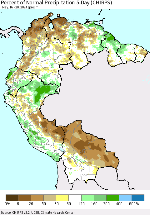 Northern South America Percent of Normal Precipitation 5-Day (CHIRPS) Thematic Map For 5/16/2024 - 5/20/2024