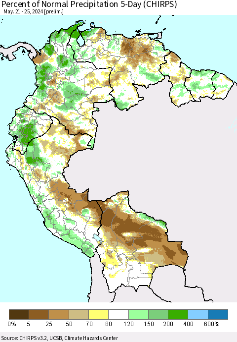 Northern South America Percent of Normal Precipitation 5-Day (CHIRPS) Thematic Map For 5/21/2024 - 5/25/2024