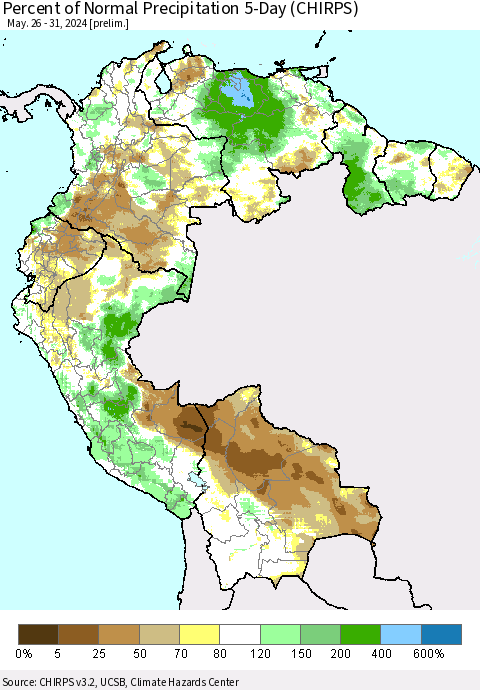 Northern South America Percent of Normal Precipitation 5-Day (CHIRPS) Thematic Map For 5/26/2024 - 5/31/2024