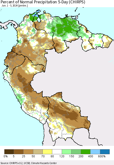 Northern South America Percent of Normal Precipitation 5-Day (CHIRPS) Thematic Map For 6/1/2024 - 6/5/2024