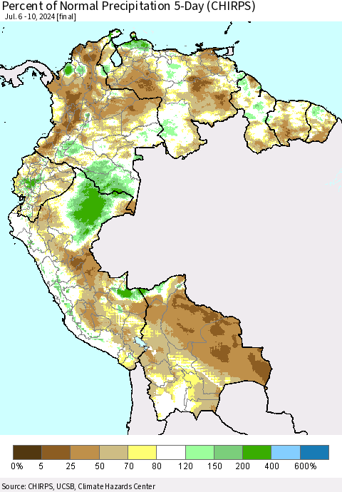 Northern South America Percent of Normal Precipitation 5-Day (CHIRPS) Thematic Map For 7/6/2024 - 7/10/2024