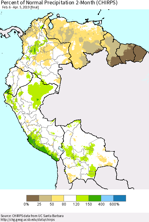 Northern South America Percent of Normal Precipitation 2-Month (CHIRPS) Thematic Map For 2/6/2019 - 4/5/2019