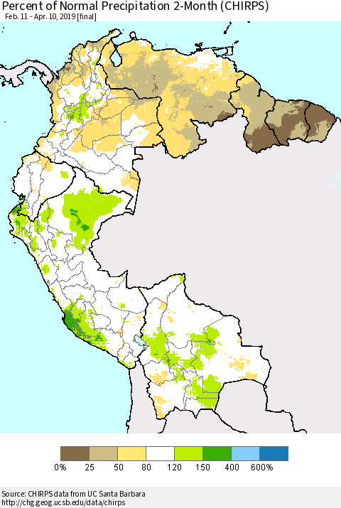 Northern South America Percent of Normal Precipitation 2-Month (CHIRPS) Thematic Map For 2/11/2019 - 4/10/2019