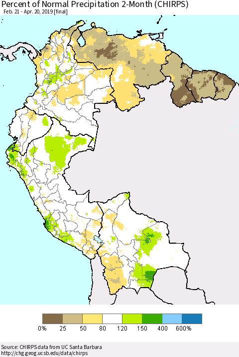 Northern South America Percent of Normal Precipitation 2-Month (CHIRPS) Thematic Map For 2/21/2019 - 4/20/2019