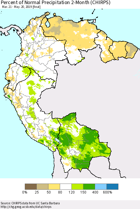 Northern South America Percent of Normal Precipitation 2-Month (CHIRPS) Thematic Map For 3/21/2019 - 5/20/2019
