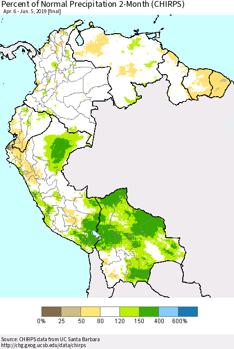 Northern South America Percent of Normal Precipitation 2-Month (CHIRPS) Thematic Map For 4/6/2019 - 6/5/2019
