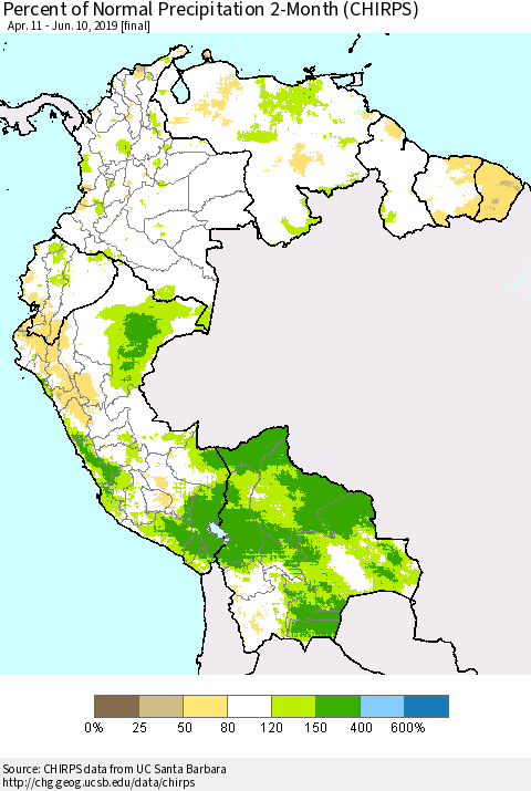 Northern South America Percent of Normal Precipitation 2-Month (CHIRPS) Thematic Map For 4/11/2019 - 6/10/2019