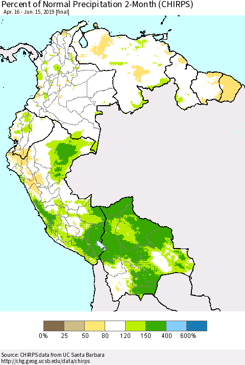 Northern South America Percent of Normal Precipitation 2-Month (CHIRPS) Thematic Map For 4/16/2019 - 6/15/2019