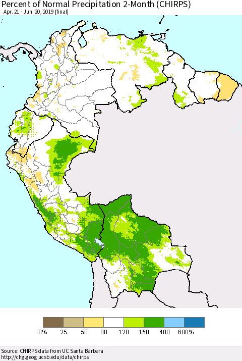 Northern South America Percent of Normal Precipitation 2-Month (CHIRPS) Thematic Map For 4/21/2019 - 6/20/2019