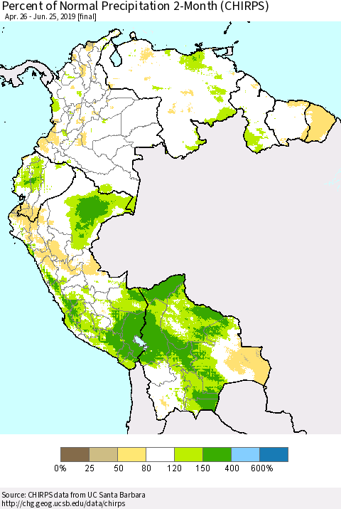 Northern South America Percent of Normal Precipitation 2-Month (CHIRPS) Thematic Map For 4/26/2019 - 6/25/2019