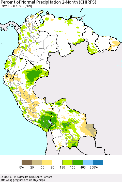 Northern South America Percent of Normal Precipitation 2-Month (CHIRPS) Thematic Map For 5/6/2019 - 7/5/2019