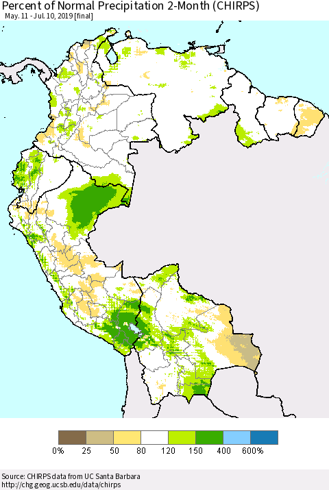 Northern South America Percent of Normal Precipitation 2-Month (CHIRPS) Thematic Map For 5/11/2019 - 7/10/2019