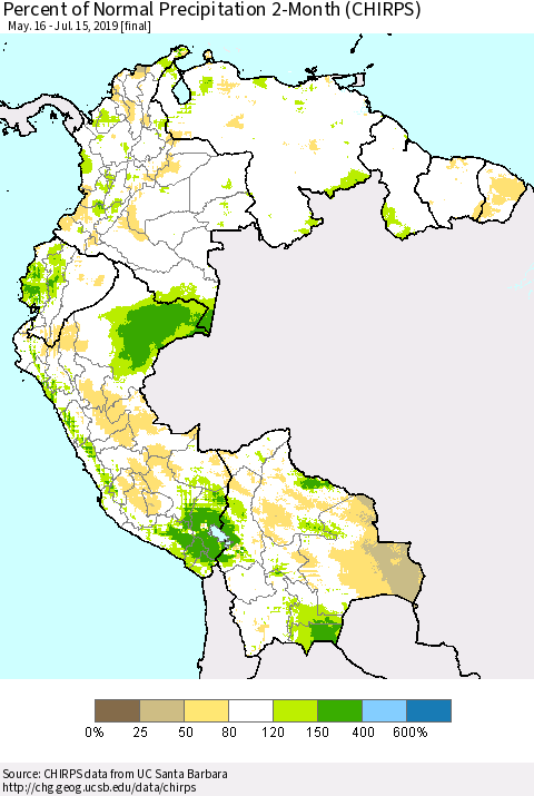 Northern South America Percent of Normal Precipitation 2-Month (CHIRPS) Thematic Map For 5/16/2019 - 7/15/2019