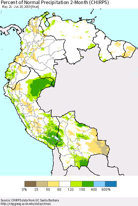 Northern South America Percent of Normal Precipitation 2-Month (CHIRPS) Thematic Map For 5/21/2019 - 7/20/2019