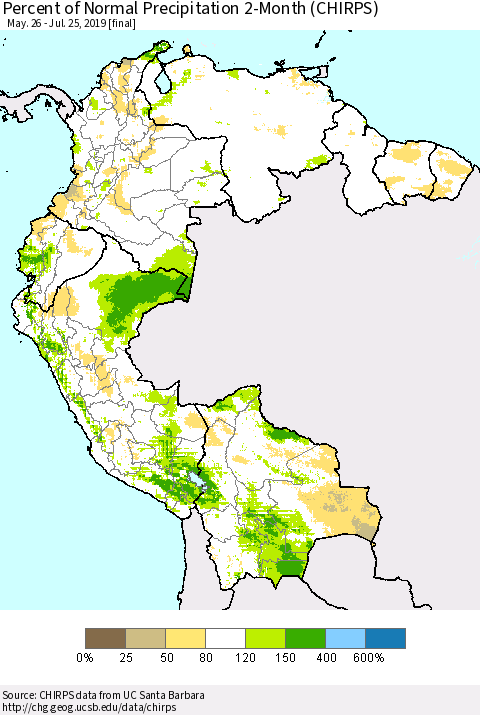 Northern South America Percent of Normal Precipitation 2-Month (CHIRPS) Thematic Map For 5/26/2019 - 7/25/2019