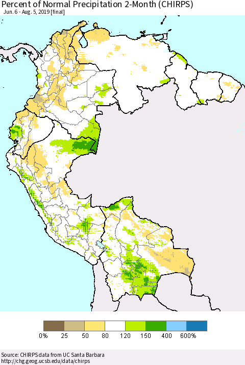 Northern South America Percent of Normal Precipitation 2-Month (CHIRPS) Thematic Map For 6/6/2019 - 8/5/2019
