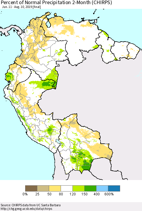 Northern South America Percent of Normal Precipitation 2-Month (CHIRPS) Thematic Map For 6/11/2019 - 8/10/2019