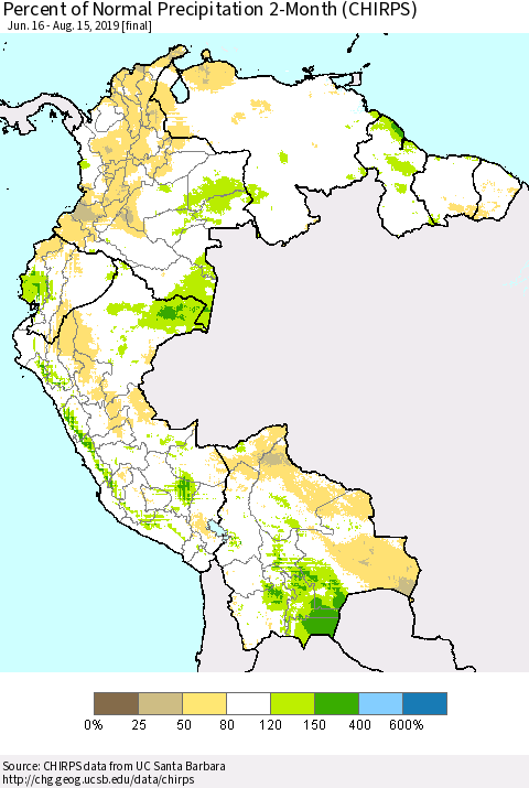 Northern South America Percent of Normal Precipitation 2-Month (CHIRPS) Thematic Map For 6/16/2019 - 8/15/2019