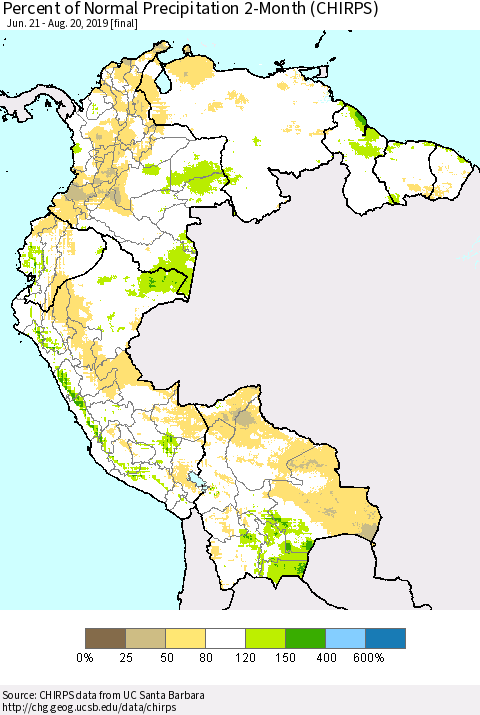 Northern South America Percent of Normal Precipitation 2-Month (CHIRPS) Thematic Map For 6/21/2019 - 8/20/2019