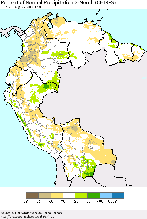 Northern South America Percent of Normal Precipitation 2-Month (CHIRPS) Thematic Map For 6/26/2019 - 8/25/2019