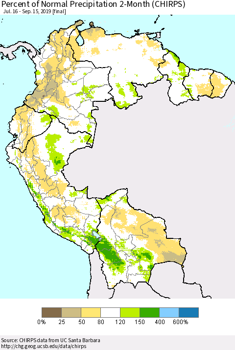 Northern South America Percent of Normal Precipitation 2-Month (CHIRPS) Thematic Map For 7/16/2019 - 9/15/2019