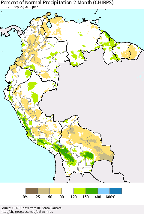 Northern South America Percent of Normal Precipitation 2-Month (CHIRPS) Thematic Map For 7/21/2019 - 9/20/2019