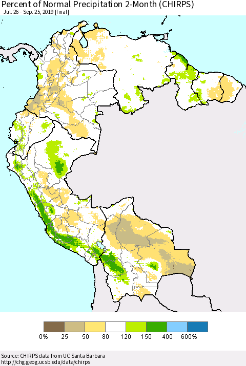 Northern South America Percent of Normal Precipitation 2-Month (CHIRPS) Thematic Map For 7/26/2019 - 9/25/2019