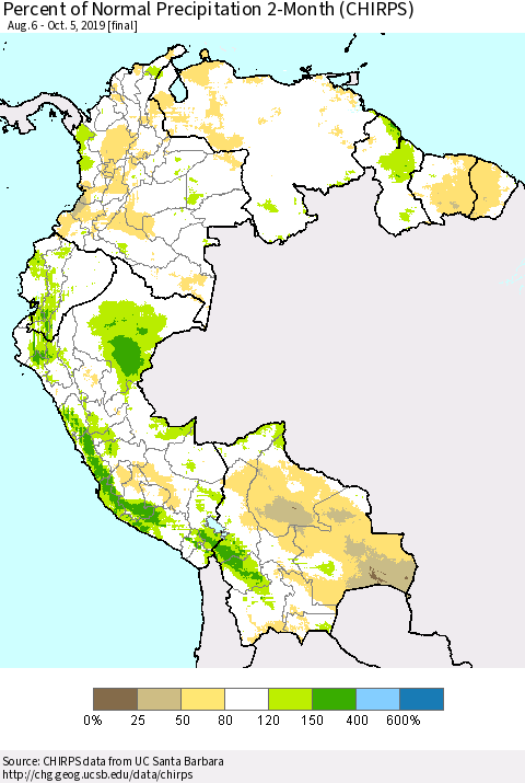 Northern South America Percent of Normal Precipitation 2-Month (CHIRPS) Thematic Map For 8/6/2019 - 10/5/2019