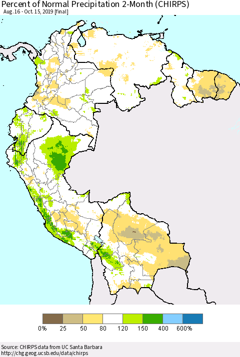 Northern South America Percent of Normal Precipitation 2-Month (CHIRPS) Thematic Map For 8/16/2019 - 10/15/2019