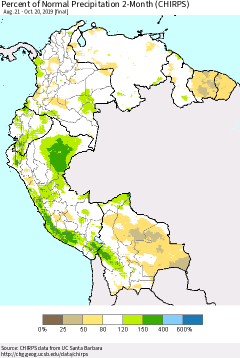 Northern South America Percent of Normal Precipitation 2-Month (CHIRPS) Thematic Map For 8/21/2019 - 10/20/2019