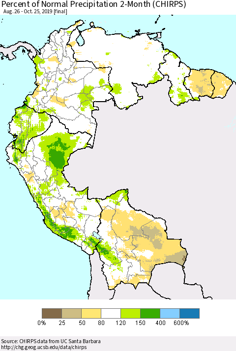 Northern South America Percent of Normal Precipitation 2-Month (CHIRPS) Thematic Map For 8/26/2019 - 10/25/2019