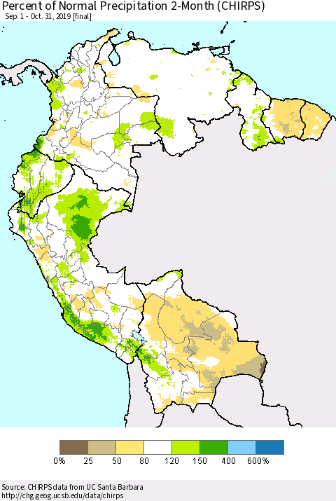 Northern South America Percent of Normal Precipitation 2-Month (CHIRPS) Thematic Map For 9/1/2019 - 10/31/2019