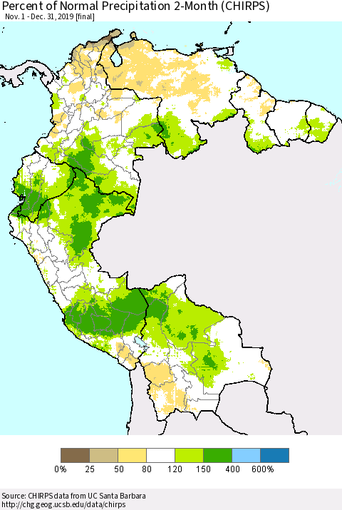 Northern South America Percent of Normal Precipitation 2-Month (CHIRPS) Thematic Map For 11/1/2019 - 12/31/2019