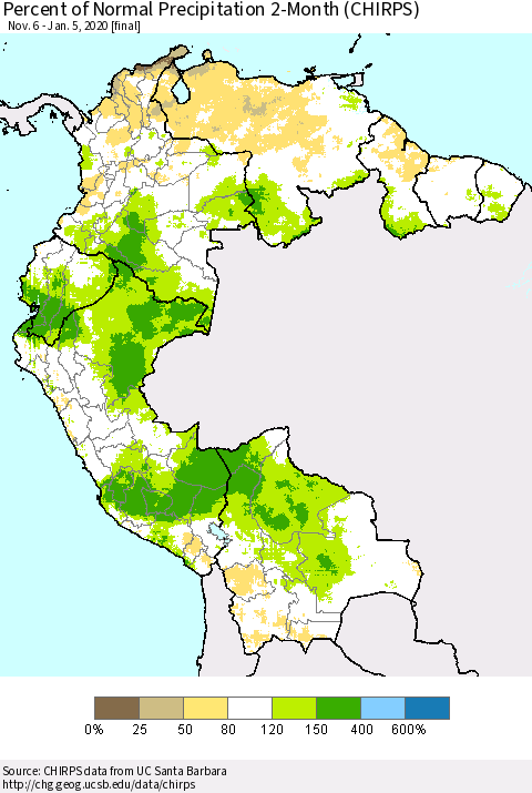 Northern South America Percent of Normal Precipitation 2-Month (CHIRPS) Thematic Map For 11/6/2019 - 1/5/2020