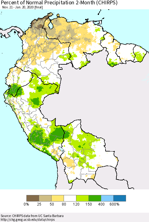 Northern South America Percent of Normal Precipitation 2-Month (CHIRPS) Thematic Map For 11/21/2019 - 1/20/2020