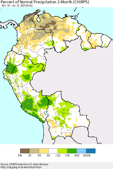 Northern South America Percent of Normal Precipitation 2-Month (CHIRPS) Thematic Map For 11/26/2019 - 1/25/2020