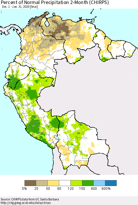 Northern South America Percent of Normal Precipitation 2-Month (CHIRPS) Thematic Map For 12/1/2019 - 1/31/2020