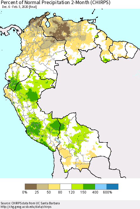 Northern South America Percent of Normal Precipitation 2-Month (CHIRPS) Thematic Map For 12/6/2019 - 2/5/2020